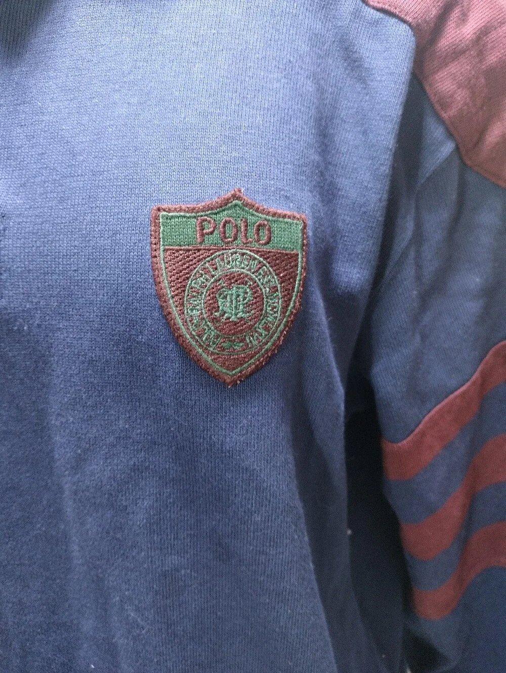 Vtg Polo Ralph Lauren Rugby Shirt Mens L USA Crest Elbow Patch Padded Shoulder.